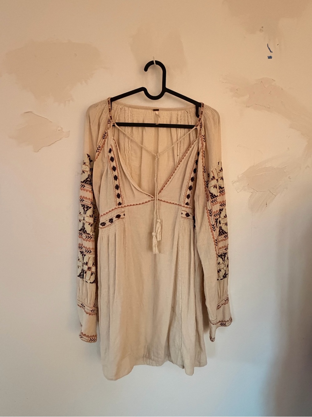 Free People Cream Embroidered Long-Sleeve Mini Dress